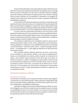 El conocimiento declarativo está conformado por toda la información que
deﬁne las acciones y las condiciones de realización; por ejemplo, correr en zig-zag
entre los conos sin derribarlos. En esta tarea se presentan distintas consignas
que le dan sentido y contextualizan a la propia acción: correr, hacerlo en zig-zag
entre los conos y además, con una condición: sin derribarlos. Las consignas, en
conjunto, citan y estructuran cómo ha de ser la acción y proyectan el desarrollo
de habilidades y destrezas.
El conocimiento procedimental representa contrastes y vinculaciones entre
aquello construido al escuchar la tarea con la realización de la acción propiamente
dicha; y el conocimiento estratégico es cuando niñas, niños y adolescentes le asig-
nan una forma peculiar y personal para realizarlo; por ejemplo, al inclinar el cuerpo
en el momento de rodear un cono o frenar ligeramente antes de pasar entre ellos.
En suma, estos tres conocimientos reivindican al Yo en la acción a partir
del potencial motor personal, lo que permite a los alumnos paulatinamente de-
cidir cómo y de qué manera pueden realizar la tarea, con la intención de explorar
y poner a prueba dicho potencial al utilizar diversos implementos, al adaptarse
al área de juego e incluso al modiﬁcar el tiempo.
Para impulsar la ediﬁcación de la competencia motriz es preciso que la
intervención docente motive a niñas, niños y adolescentes a tomar decisiones,
resolver problemas, e implicarlos en una variabilidad de la práctica. Por ejemplo,
una actividad lúdica —circuito de acción motriz— contiene una lógica de reali-
zación —un procedimiento— y unas reglas que determinan el tipo de acciones
que requieren realizar.
Esta actividad considera distintas decisiones en torno a cómo resol-
ver las consignas en cada estación; además, y de manera complementaria,
implica una variabilidad de la práctica, donde el patrón de movimiento es
saltar y cada estación requiere ajustarlo. De tal forma que los alumnos, al
reﬂexionar respecto a ¿cómo es el despegue en cada ocasión?, ¿cómo han sido
los movimientos que realizaron en el aire?, ¿cómo fue volver a tocar el suelo en
las distintas acciones?, entre otras, se percatan de las diferencias en la reali-
zación de un mismo patrón, por lo que están actualizando el conocimiento
procedimental, es decir, el saber desempeñarse asociado a la ediﬁcación de
su competencia motriz.
Componentes pedagógico-didácticos
Desarrollo de la motricidad
Se entiende la motricidad como el conjunto de acciones motrices que engloban
una intención y un alto nivel de decisión; implica potenciar la capacidad de cada
persona para darle sentido y signiﬁcado a los movimientos a partir de sus inte-
reses, expectativas, necesidades y motivaciones.
Considera la integración de acciones reﬂexionadas que ediﬁcan la actua-
ción inteligente y se maniﬁesta cuando los alumnos exploran y ponen a prueba
sus posibilidades motrices en la sesión. Además, se vincula con la construcción
permanente de conceptos como espacio, tiempo y causalidad e incorpora diver-
sas experiencias para la construcción del Yo en la acción.
596
 