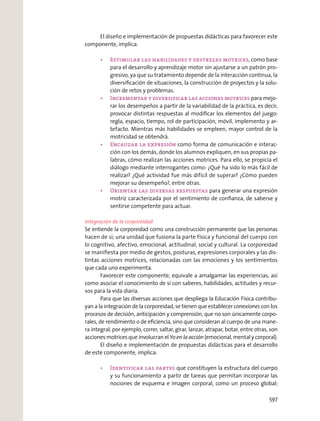 El diseño e implementación de propuestas didácticas para favorecer este
componente, implica:
, como base
para el desarrollo y aprendizaje motor sin ajustarse a un patrón pro-
gresivo, ya que su tratamiento depende de la interacción continua, la
diversiﬁcación de situaciones, la construcción de proyectos y la solu-
ción de retos y problemas.
para mejo-
rar los desempeños a partir de la variabilidad de la práctica, es decir,
provocar distintas respuestas al modiﬁcar los elementos del juego:
regla, espacio, tiempo, rol de participación, móvil, implemento y ar-
tefacto. Mientras más habilidades se empleen, mayor control de la
motricidad se obtendrá.
como forma de comunicación e interac-
ción con los demás, donde los alumnos expliquen, en sus propias pa-
labras, cómo realizan las acciones motrices. Para ello, se propicia el
diálogo mediante interrogantes como: ¿Qué ha sido lo más fácil de
realizar? ¿Qué actividad fue más difícil de superar? ¿Cómo pueden
mejorar su desempeño?, entre otras.
para generar una expresión
motriz caracterizada por el sentimiento de conﬁanza, de saberse y
sentirse competente para actuar.
Integración de la corporeidad
Se entiende la corporeidad como una construcción permanente que las personas
hacen de sí; una unidad que fusiona la parte física y funcional del cuerpo con
lo cognitivo, afectivo, emocional, actitudinal, social y cultural. La corporeidad
se maniﬁesta por medio de gestos, posturas, expresiones corporales y las dis-
tintas acciones motrices, relacionadas con las emociones y los sentimientos
que cada uno experimenta.
Favorecer este componente, equivale a amalgamar las experiencias, así
como asociar el conocimiento de sí con saberes, habilidades, actitudes y recur-
sos para la vida diaria.
Para que las diversas acciones que despliega la Educación Física contribu-
yan a la integración de la corporeidad, se tienen que establecer conexiones con los
procesos de decisión, anticipación y comprensión, que no son únicamente corpo-
rales, de rendimiento o de eﬁciencia, sino que consideran al cuerpo de una mane-
ra integral; por ejemplo, correr, saltar, girar, lanzar, atrapar, botar, entre otras, son
acciones motrices que involucran el Yo en la acción (emocional, mental y corporal).
El diseño e implementación de propuestas didácticas para el desarrollo
de este componente, implica:
que constituyen la estructura del cuerpo
y su funcionamiento a partir de tareas que permitan incorporar las
nociones de esquema e imagen corporal, como un proceso global;
597
 