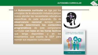 18
La Autonomía curricular se rige por los
principios de la educación inclusiva porque
busca atender las necesidades educativas
específicas de cada educando. Es de
observancia nacional aunque cada
escuela determinará los contenidos
programáticos de este componente
curricular con base en las horas lectivas
que tenga disponibles y en los
lineamientos que expida la SEP para
normar sus espacios curriculares.
AUTONOMÍA CURRICULAR
 