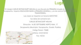 Lugar 
El Colegio CARLOS BETANCOURT MOLINA es una Escuela de PRIMARIA situada en la localidad de 
Zacapoaxtla. Imparte EDUCACION BASICA (PRIMARIA GENERAL), y es de control PUBLICO (FEDERAL 
TRANSFERIDO). 
Las clases se imparten en horario MATUTINO 
Sus datos de contacto son: 
CARLOS BETANCOURT MOLINA 
Dirección: 16 DE SEPTIEMBRE NORTE NUM. 17 
Zacapoaxtla (Municipio: Zacapoaxtla, Estado: Puebla) 
Código Postal: 73680 
Teléfono: 2333142332 
Fax: 42332 
 