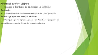 Aprendizaje esperado: Geografía 
• Reconoce la distribución de los climas en los continente 
Contenidos 
• Elementos básicos de los climas (temperatura y precipitación). 
Aprendizaje esperado: ciencias naturales 
• Distingue espacios agrícolas, ganaderos, forestales y pesqueros en 
los continentes en relación con los recursos naturales. 
 