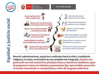 Equidadyjusticiasocial
Una visión de país
Revertir subestimaciones, prejuicios o maltratos hacia la niñez, la población
indígena y la mujer, en beneficio de una sociedad más integrada, requiere una
generación con más autoestima, principios éticos y consciencia ciudadana, capaz
de proponerse metas con iniciativay perseverancia. Que sepa también aprovechar
el mundo virtual desde un manejo fluido y crítico del lenguaje audiovisual.
 