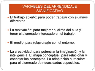 VARIABLES DEL APRENDIZAJE
                SIGNIFICATIVO
 El trabajo abierto: para poder trabajar con alumnos
 diferentes.

 La motivación: para mejorar el clima del aula y
 tener el alumnado interesado en el trabajo.

 El medio: para relacionarlo con el entorno.


 La creatividad: para potenciar la imaginación y la
 inteligencia. El mapa conceptual: para relacionar y
 conectar los conceptos. La adaptación curricular:
 para el alumnado de necesidades especiales.
 