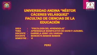 ÁREA : ”PSICOLOGÍA DEL APRENDIZAJE”
TEMA : APRENDIZAJE SIGNIFICATIVO DE DAVID P. AUSUBEL
DISCENTE : GABRIELA JENNY JULI VARGAS
DOCENTE : BENEDICTA MAMANI MAMANI
SEMESTRE : VI
PERÚ
 