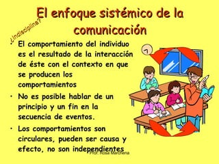 El comportamiento del individuo es el resultado de la interacción de éste con el contexto en que se producen los comportamientos No es posible hablar de un principio y un fin en la secuencia de eventos.  Los comportamientos son circulares, pueden ser causa y efecto, no son independientes El enfoque sistémico de la comunicación ¿Indisciplina? 
