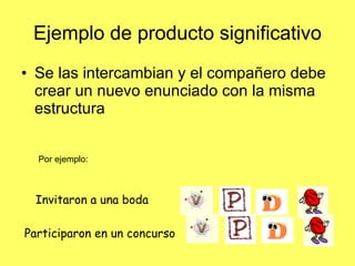 Ejemplo de producto significativo Se las intercambian y el compañero debe crear un nuevo enunciado con la misma estructura Invitaron a una boda  Por ejemplo: Participaron en un concurso 