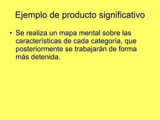 Ejemplo de producto significativo Se realiza un mapa mental sobre las características de cada categoría, que posteriormente se trabajarán de forma más detenida. 