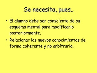 Se necesita, pues.. El alumno debe ser consciente de su esquema mental para modificarlo posteriormente. Relacionar los nuevos conocimientos de forma coherente y no arbitraria. 