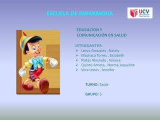 ESCUELA DE ENFERMERIA
EDUCACION Y
COMUNICACIÓN EN SALUD
INTEGRANTES:
 Leyva Gonzales , Nataly
 Machaca Torres , Elizabeth
 Platas Alvarado , Vanesa
 Quinto Arrieta, Norma Jaqueline
 Vera Lenes , Jennifer

TURNO: Tarde
GRUPO: 5

 