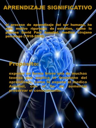 APRENDIZAJE SIGNIFICATIVO 
el proceso de aprendizaje del ser humano, ha 
sido motivo rigurosos de estudios, como lo 
plant...