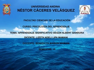 UNIVERSIDAD ANDINA
NÉSTOR CÁCERES VELÁSQUEZ
FACULTAD CIENCIAS DE LA EDUCACIÓN
CURSO: PSICOLOGÍA DEL APRENDIZAJE
TEMA: APRENDIZAJE SIGNIFICATIVO SEGÚN ALBERT BANDURA
DICENTE: LIZETH ADELI LIPA MAMANI
DOCENTE: BENEDICTA MAMANI MAMANI
SEMESTRE: VI
 