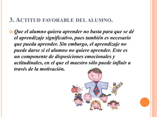 3. ACTITUD FAVORABLE DEL ALUMNO.
   Que el alumno quiera aprender no basta para que se dé
    el aprendizaje significativo, pues también es necesario
    que pueda aprender. Sin embargo, el aprendizaje no
    puede darse si el alumno no quiere aprender. Este es
    un componente de disposiciones emocionales y
    actitudinales, en el que el maestro sólo puede influir a
    través de la motivación.
 