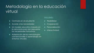 Metodología en la educación 
virtual 
 Centrada en el estudiante 
 Acorde a las necesidades 
 Un modelo educativo basado en 
la asincronia para dar respuestas 
las necesidades formativas 
 Adaptación de las metodologías 
convencionales a aprendizajes en 
entornos virtuales 
Modelo 
 Flexibilidad 
 Cooperación 
 Personalización 
 Interactividad 
 
