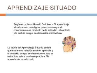 APRENDIZAJE SITUADO 
Según el profesor Ronald Ordoñez: «El aprendizaje 
situado es un paradigma que constata que el 
conocimiento es producto de la actividad, el contexto 
y la cultura en que se desarrolla el individuo» 
La teoría del Aprendizaje Situado señala 
que existe una relación entre el aprendiz y 
el contexto en que se desenvuelve, que se 
estructura sobre una base práctica. Se 
aprende del mundo real. 
 