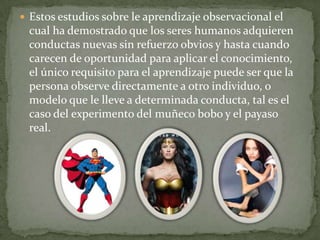  Estos estudios sobre le aprendizaje observacional el
 cual ha demostrado que los seres humanos adquieren
 conductas nuevas sin refuerzo obvios y hasta cuando
 carecen de oportunidad para aplicar el conocimiento,
 el único requisito para el aprendizaje puede ser que la
 persona observe directamente a otro individuo, o
 modelo que le lleve a determinada conducta, tal es el
 caso del experimento del muñeco bobo y el payaso
 real.
 