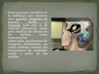  Estos procesos consisten en
  la habilidad que tenemos
  para guardar imágenes en
  nuestra       mente        y
  lenguaje, todo esto es de
  especial relevancia, tanto
  para analizar los efectos de
  los     medios,        como
  instrumentos
  observados, productores de
  imágenes ambientales, así
  como también conocer los
  mecanismos de modelado
  social a partir de los
  medios.
 