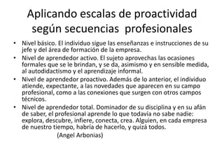 Aplicando escalas de proactividad según secuencias  profesionalesNivel básico. El individuo sigue las enseñanzas e instrucciones de su jefe y del área de formación de la empresa.Nivel de aprendedor activo. El sujeto aprovechas las ocasiones formales que se le brindan, y se da, asimismo y en sensible medida, al autodidactismo y el aprendizaje informal.Nivel de aprendedor proactivo. Además de lo anterior, el individuo atiende, expectante, a las novedades que aparecen en su campo profesional, como a las conexiones que surgen con otros campos técnicos.Nivel de aprendedor total. Dominador de su disciplina y en su afán de saber, el profesional aprende lo que todavía no sabe nadie: explora, descubre, infiere, conecta, crea. Alguien, en cada empresa de nuestro tiempo, habría de hacerlo, y quizá todos.                            (AngelArbonias)