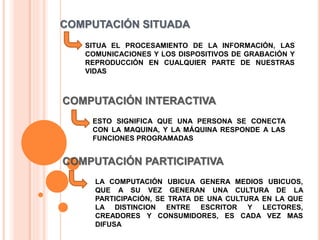 COMPUTACIÓN SITUADA
SITUA EL PROCESAMIENTO DE LA INFORMACIÓN, LAS
COMUNICACIONES Y LOS DISPOSITIVOS DE GRABACIÓN Y
REPRODUCCIÓN EN CUALQUIER PARTE DE NUESTRAS
VIDAS
COMPUTACIÓN INTERACTIVA
ESTO SIGNIFICA QUE UNA PERSONA SE CONECTA
CON LA MAQUINA, Y LA MÁQUINA RESPONDE A LAS
FUNCIONES PROGRAMADAS
COMPUTACIÓN PARTICIPATIVA
LA COMPUTACIÓN UBICUA GENERA MEDIOS UBICUOS,
QUE A SU VEZ GENERAN UNA CULTURA DE LA
PARTICIPACIÓN, SE TRATA DE UNA CULTURA EN LA QUE
LA DISTINCION ENTRE ESCRITOR Y LECTORES,
CREADORES Y CONSUMIDORES, ES CADA VEZ MAS
DIFUSA
 