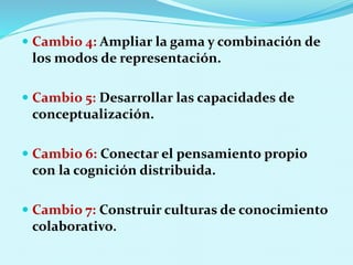  Cambio 4: Ampliar la gama y combinación de
los modos de representación.
 Cambio 5: Desarrollar las capacidades de
conceptualización.
 Cambio 6: Conectar el pensamiento propio
con la cognición distribuida.
 Cambio 7: Construir culturas de conocimiento
colaborativo.
 