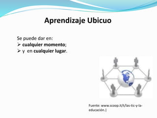 Aprendizaje Ubicuo
Se puede dar en:
 cualquier momento;
 y en cualquier lugar.
Fuente: www.scoop.it/t/las-tic-y-la-
educación.|
 