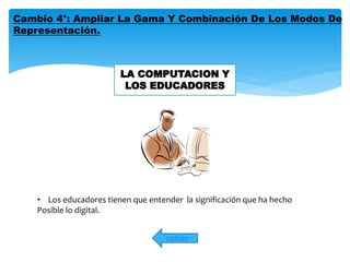 Cambio 4°: Ampliar La Gama Y Combinación De Los Modos De 
Representación. 
• Los educadores tienen que entender la significación que ha hecho 
Posible lo digital. 
volver 
 
