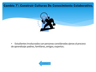 Cambio 7°: Construir Culturas De Conocimiento Colaborativo. 
• Estudiantes involucrados con personas consideradas ajenas al proceso 
de aprendizaje: padres, familiares, amigos, expertos. 
volver 
