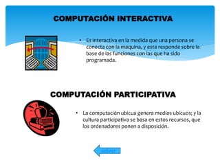 COMPUTACIÓN INTERACTIVA 
• Es interactiva en la medida que una persona se 
conecta con la maquina, y esta responde sobre la 
base de las funciones con las que ha sido 
programada. 
COMPUTACIÓN PARTICIPATIVA 
• La computación ubicua genera medios ubicuos; y la 
cultura participativa se basa en estos recursos, que 
los ordenadores ponen a disposición. 
volver 
 