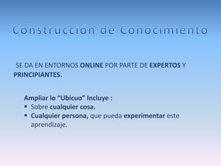 SE DA EN ENTORNOS ONLINE POR PARTE DE EXPERTOS Y 
PRINCIPIANTES. 
Ampliar lo “Ubicuo” Incluye : 
 Sobre cualquier cosa. 
 Cualquier persona, que pueda experimentar este 
aprendizaje. 
 