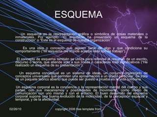 ESQUEMA Un esquema es la representación gráfica o simbólica de cosas materiales o inmateriales. Por ejemplo: “El arquitecto ha presentado un esquema de la construcción” o “Este es el esquema de nuestra organización”. Es una idea o concepto   que   alguien tiene de algo y que condiciona su comportamiento   (“Mi esquema me impide aceptar este tipo de trabajo”). El concepto de esquema también se utiliza para referirse al   resumen   de un   escrito ,  discurso   o   teoría ,  que atiende solo a sus líneas o caracteres más significativos (“He realizado un esquema de su presentación”). Un   esquema conceptual   es un   sistema de ideas ,  un conjunto organizado de   conceptos universales que permiten una aproximación a un objeto particular. Se trata de un paquete teórico abierto que puede ser puesto a prueba en la vida cotidiana. Un   esquema corporal   es la conciencia o la representación mental del cuerpo y sus partes, con sus mecanismos y posibilidades de movimiento, como medio de comunicación con uno mismo y con el entorno. El buen desarrollo del esquema corporal supone una buena evolución de la motricidad, de la percepción espacial y temporal, y de la afectividad. 