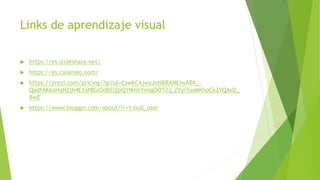 Links de aprendizaje visual
 https://es.slideshare.net/
 https://es.calameo.com/
 https://prezi.com/pricing/?gclid=CjwKCAjwxJnNBRAMEiwA8X_-
QadfAK6oHqNZjh4E1af8GiGdBEiZpQ1NmhYmlgDOT2J_ZYyiTuoMKhoCk2YQAvD_
BwE
 https://www.blogger.com/about/?r=1-null_user
 
