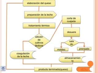 elaboración del queso



         preparación de la leche
                                            corte de
                                            cuajada
          tratamiento térmico

                                            desuere
                adición
                   de
                                               sala
                cultivos
                                                do
                lácticos
                                   moldeo              prensado
coagulación
de la leche
                                         almacenamien
                                              to


                   producto terminado(queso)            MENU
 