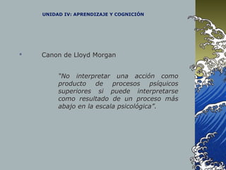 UNIDAD IV: APRENDIZAJE Y COGNICIÓN
 Canon de Lloyd Morgan
“No interpretar una acción como
producto de procesos psíquicos
superiores si puede interpretarse
como resultado de un proceso más
abajo en la escala psicológica”.
 