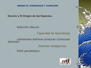 UNIDAD IV: APRENDIZAJE Y COGNICIÓN
Darwin y El Origen de las Especies.
 Selección Natural.
 ¿Ambientes distintos producen Conductas
distintas?
 Árbol genealógico.
Capacidad de Aprendizaje
Distintas inteligencias
 