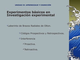 UNIDAD IV: APRENDIZAJE Y COGNICIÓN
Experimentos básicos en
Investigación experimental
Laberinto de Brazos Radiales de Olton.
Códigos Prospectivos y Retrospectivos.
Interferencia
Proactiva.
Retroactiva.
 