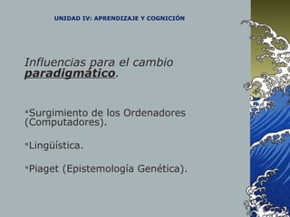 UNIDAD IV: APRENDIZAJE Y COGNICIÓN
Influencias para el cambio
paradigmático.
Surgimiento de los Ordenadores
(Computadores).
Lingüística.
Piaget (Epistemología Genética).
 