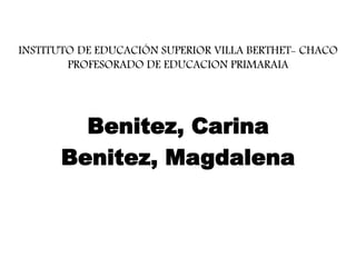 INSTITUTO DE EDUCACIÓN SUPERIOR VILLA BERTHET- CHACO
PROFESORADO DE EDUCACION PRIMARAIA
Benitez, Carina
Benitez, Magdalena
 