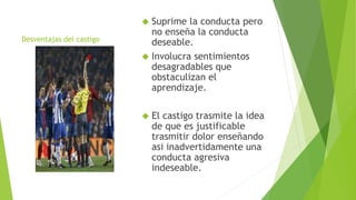Desventajas del castigo
 Suprime la conducta pero
no enseña la conducta
deseable.
 Involucra sentimientos
desagradables que
obstaculizan el
aprendizaje.
 El castigo trasmite la idea
de que es justificable
trasmitir dolor enseñando
asi inadvertidamente una
conducta agresiva
indeseable.
 