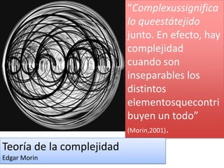 “Complexussignifica lo queestátejidojunto. En efecto, hay complejidadcuando son inseparables los distintoselementosquecontribuyen un todo” (Morin,2001).Teoría de la complejidadEdgar Morin