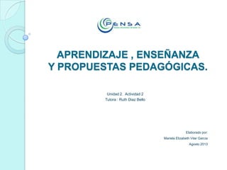 APRENDIZAJE , ENSEÑANZA
Y PROPUESTAS PEDAGÓGICAS.
Elaborado por:
Mariela Elizabeth Vilar Garcia
Agosto 2013
Unidad 2. Actividad 2
Tutora : Ruth Diaz Bello
 