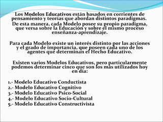Los Modelos EducativosModelos Educativos están basados en corrientes de
pensamiento y teorías que abordan distintos paradigmas.
De esta manera, cada Modelo posee su propio paradigma,
que versa sobre la Educación y sobre el mismo proceso
enseñanza-aprendizaje.
Para cada Modelo existe un interés distinto por las acciones
y el grado de importancia, que poseen cada uno de los
agentes que determinan el Hecho Educativo.
Existen varios Modelos Educativos, pero particularmente
podemos determinar cinco que son los más utilizados hoy
en día:
1.- Modelo Educativo Conductista
2.- Modelo Educativo Cognitivo
3.- Modelo Educativo Psico-Social
4.- Modelo Educativo Socio-Cultural
5.- Modelo Educativo Constructivista
 