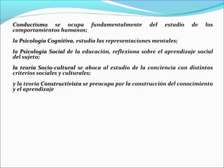 ConductismoConductismo se ocupa fundamentalmente del estudio de los
comportamientos humanos;
la Psicología CognitivaPsicología Cognitiva, estudia las representaciones mentales;
la Psicología SocialPsicología Social de la educación, reflexiona sobre el aprendizaje social
del sujeto;
la teoría Socio-culturalla teoría Socio-cultural se aboca al estudio de la conciencia con distintos
criterios sociales y culturales;
y la teoría ConstructivistaConstructivista se preocupa por la construcción del conocimiento
y el aprendizaje
 