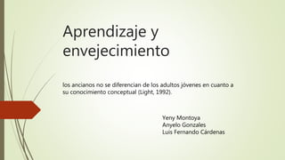 Aprendizaje y
envejecimiento
los ancianos no se diferencian de los adultos jóvenes en cuanto a
su conocimiento conceptual (Light, 1992).
Yeny Montoya
Anyelo Gonzales
Luis Fernando Cárdenas
 