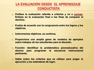 LA EVALUACIÓN DESDE EL APRENDIZAJE
                CONDUCTISTA
   Prefiere la evaluación referida a criterios y no a normas.
    Énfasis en la evaluación final a los fines de comparar el
    dominio.

   Evalúa de acuerdo con la congruencia entre los logros y los
    objetivos.

   Instrumentos objetivos, es continua.

   Proporciona una amplia gama de modelos de ejemplos
    sobre trabajos de los estudiantes para la disusión.

   Función: identificar la problemática psicoeducativa del
    alumno para programar la secuencia instruccional
    pertinente.

   Habla sobre los criterios que se utilizan para juzgar la
    ejecución y los estándares de logro.
 