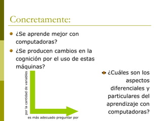 Concretamente:
 ¿Se aprende mejor con
 computadoras?
 ¿Se producen cambios en la
 cognición por el uso de estas
 máquinas?
                                                               ¿Cuáles son los
    por la cantidad de variables




                                                                      aspectos
                                                                diferenciales y
                                                               particulares del
                                                               aprendizaje con
                                                               computadoras?
                               es más adecuado preguntar por
 