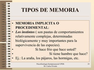 TIPOS DE MEMORIA

• MEMORIA IMPLICITA O
  PROCEDIMENTAL:
• Los instintos ( son pautas de comportamientos
  relativamente complejas, determinadas
  biológicamente y muy importantes para la
  supervivencia de las especies).
•               Si hace frio que hace usted?
•                         Si tiene hambre que hace?
• Ej.: La araña, los pájaros, las hormigas, etc.
                Psicofisiologia Semipresencial UPDS   19
                          Dr. Carlos Oviedo
 