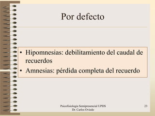 Por defecto


• Hipomnesias: debilitamiento del caudal de
  recuerdos
• Amnesias: pérdida completa del recuerdo



              Psicofisiologia Semipresencial UPDS   23
                        Dr. Carlos Oviedo
 