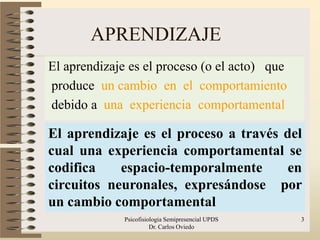 APRENDIZAJE
El aprendizaje es el proceso (o el acto) que
produce un cambio en el comportamiento
debido a una experiencia comportamental

El aprendizaje es el proceso a través del
cual una experiencia comportamental se
codifica    espacio-temporalmente      en
circuitos neuronales, expresándose por
un cambio comportamental
              Psicofisiologia Semipresencial UPDS   3
                        Dr. Carlos Oviedo
 