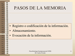 PASOS DE LA MEMORIA


• Registro o codificación de la información.
• Almacenamiento.
• Evocación de la información.



              Psicofisiologia Semipresencial UPDS   6
                        Dr. Carlos Oviedo
 