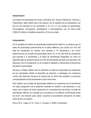 Interpretación

Los estilos de aprendizaje de Honey y Mumford son: Activos, Reflexivos, Teóricos y
Pragmáticos, tales estilos tiene más relación con la realidad de los estudiantes, por
eso se han aplicado en los semestres II, III, IV y V. Los estilos de aprendizaje:
Convergentes, Divergentes, Asimiladores y Acomodadores son de David Kolb
(1984). En efecto, la hipótesis específico (1) no se cumple.



Interpretación

En el resultado de estilos de aprendizaje predominante (tabla 4), se observa que el
estilo de aprendizaje predominante es el estilo Reflexivo que cuenta con 41% del
total de estudiantes en estudio, que equivale a 41 estudiantes y de menor
predominancia es el estilo de aprendizaje activo en un 4% del total de estudiantes
que equivale a 4 estudiantes y el estilo de aprendizaje Pragmático se ubica en
segundo lugar de predominancia con 32% de estudiantes del total, que equivale a 32
discentes, por lo consiguiente no se cumple la hipótesis 2 relacionado al predominio
del estilo de aprendizaje.

Cisneros y Robles (2004). Dice el identificar el estilo de aprendizaje de preferencia
de los estudiantes facilita el desarrollo de técnicas y estrategias de enseñanza
mucho más efectivas, favorece la creación de un clima más acogedor y promueve
una participación de los estudiantes mucho más activa.

Esto implica, que el estilo de aprendizaje reflexivo se caracteriza por la importancia
de mayor aceptación, de la distancia mostrada en relación a las personas y a las
cosas, por el deseo de tomar decisiones sin contradicciones de tiempo. El estilo de
aprendizaje reflexivo es marcado por la prudencia y la reflexión profundizada antes
de tomar una decisión para actuar, escucha la acumulación exhaustiva de datos
antes de dar una opinión.

Romo, M. E., López, D. G., Tovar, J., & López, I. (2004), manifiestan:
 