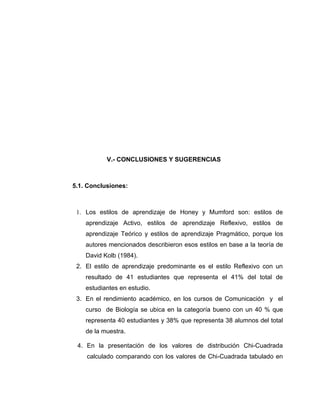 V.- CONCLUSIONES Y SUGERENCIAS



5.1. Conclusiones:



 1. Los estilos de aprendizaje de Honey y Mumford son: estilos de
    aprendizaje Activo, estilos de aprendizaje Reflexivo, estilos de
    aprendizaje Teórico y estilos de aprendizaje Pragmático, porque los
    autores mencionados describieron esos estilos en base a la teoría de
    David Kolb (1984).
 2. El estilo de aprendizaje predominante es el estilo Reflexivo con un
    resultado de 41 estudiantes que representa el 41% del total de
    estudiantes en estudio.
 3. En el rendimiento académico, en los cursos de Comunicación y el
    curso de Biología se ubica en la categoría bueno con un 40 % que
    representa 40 estudiantes y 38% que representa 38 alumnos del total
    de la muestra.

 4. En la presentación de los valores de distribución Chi-Cuadrada
    calculado comparando con los valores de Chi-Cuadrada tabulado en
 